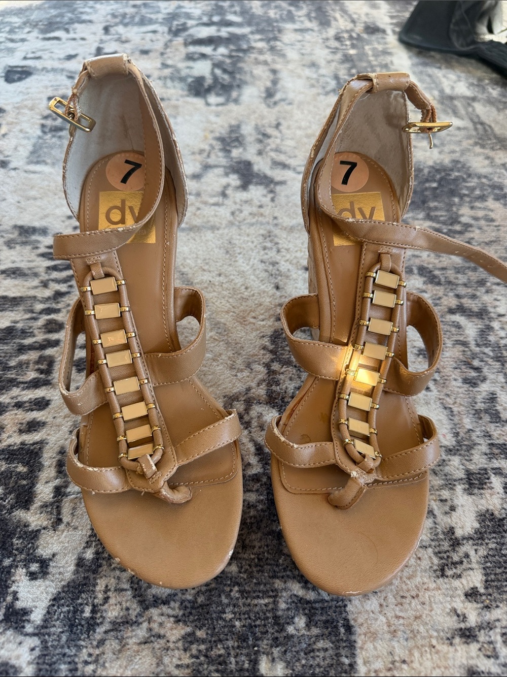 DV by Dolce Vita Tan Strappy T-Bar Heeled Sandals with Gold Accents